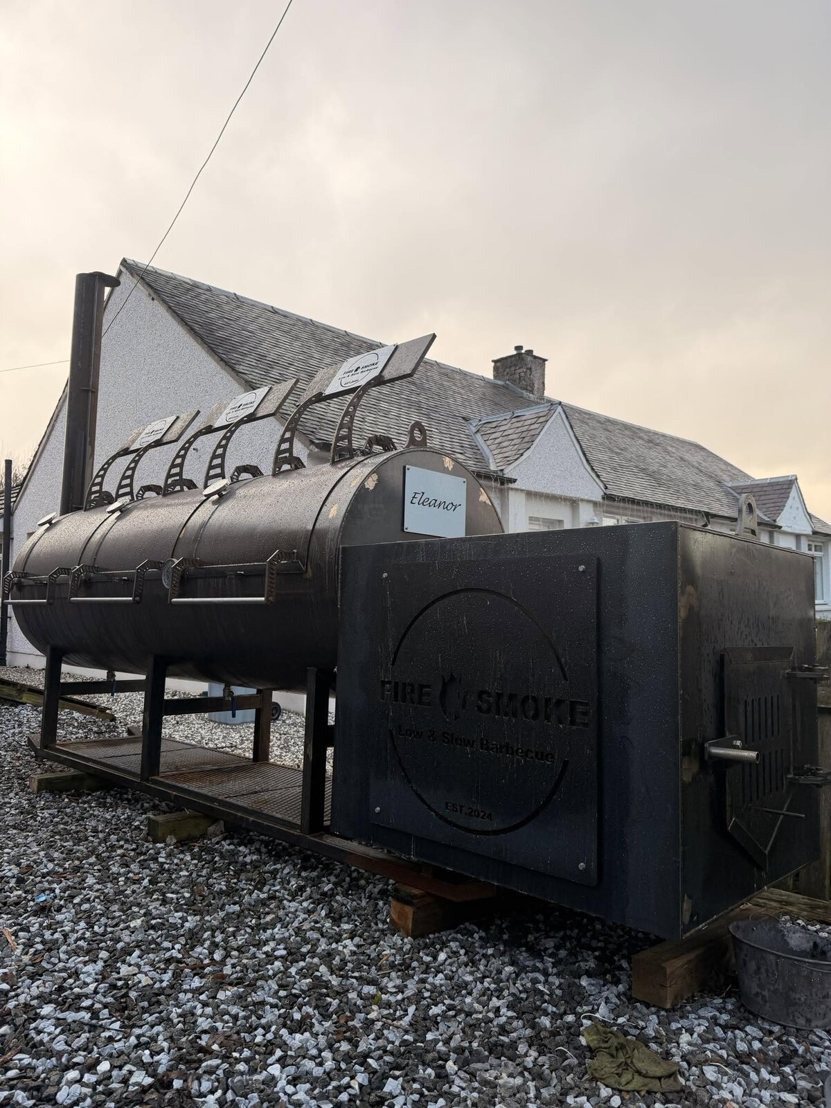 Eleanor, one of the largest offset smokers in Scotland, at dawn with the Fire & Smoke firebox plate